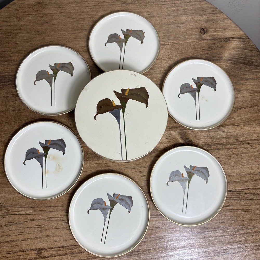 Vintage Otagiri Set 6 Coasters Lacquered Box Golden Calla Japan‎ Chopstick Rest